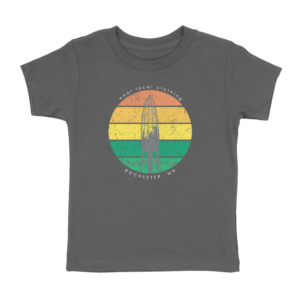 dark grey youth tee with multi-colored circle behind corn cob on front