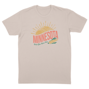 wish you were here text below minnesota and sun on cream tee