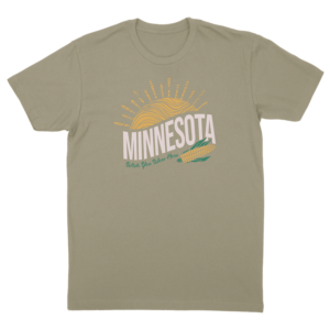 wish you were here text below minnesota and sun on olive colored tee